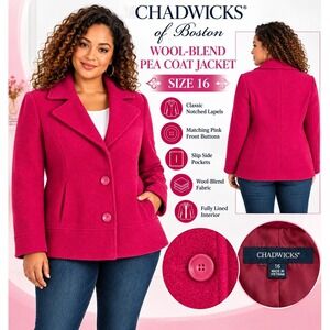 Chadwicks of Boston Women's Pink Wool Blend Peacoat Jacket Size 16 Button Front